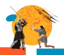Knowledge or power. Young business woman fight with medieval warrior in armored clothes on colored abstract background with pencil sketches. Contemporary artwork. Art, creativity, ad