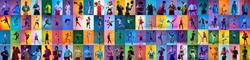 Sport collage of professional athletes on gradient multicolored neoned background. Concept of motion, action, active lifestyle, achievements, challenges. Football, soccer, basketball, tennis, boxing.