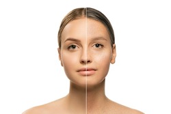 Composite image with beautiful girl in comparison youth and maturity. Skin aging process, wrinkles. Plastic surgery, beauty procedures. Before and after concept. Process of aging and rejuvenation