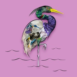 Heron. Conceptual art collage with painted bird filled with garbage and plastic waste isolated over pink background. Pollution, saving environment, ecology, world social and eco issues. Poster