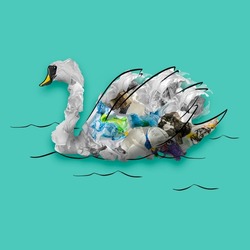 Swan. Contemporary conceptual art collage with painted animal filled with garbage and plastic waste over blue background. Pollution, saving environment, ecology, world social and eco issues