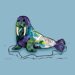 Walrus. Conceptual artwork with sea animal filled with garbage and plastic waste over blue background. Water pollution, saving environment, ecology, world social and eco issues. Hope, save