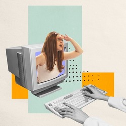 Contemporary art collage. Stylish young girl sticking out computer monitor. Searching new job vacancy. Concept of creativity, business, employment, motivation. Copy space for ad. Retro design