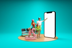Happy family booking summer vacation trip using 3d model of phone with empty white screen isolated on blue background. New app, holiday, travel, ad concept On-line shopping, travel, ad, sales,