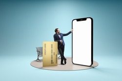 Financial app, online payment. Young man, businessman standing in front of 3d model of cellphone with blank white screen isolated on blue background. Online shopping, choice, ad, sales,