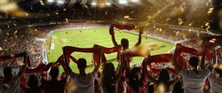 Sport match. Back view of football, soccer fans cheering their team with colorful scarfs at crowded stadium at evening time. Concept of sport, cup, world, team, event, competition