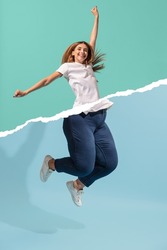 Happiness, win, success. Creative art collage with young slim girl and plus-size woman jumping isolated on blue-green background. Weight loss, fitness, healthy eating, motivation concept.