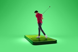 Online broadcasts of sports competitions. Creative collage. Professional male golf player standing on 3d cellphone screen over green background. Sport, achievements, media, betting, news, ad