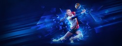 Creative artwork with female volleyball player in motion with ball isolated on dark blue background with neoned elements. Concept of art, creativity, sport, energy and power. Horizontal banner, flyer