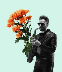 Flower melody. Stylish man playing saxophone on light background. Copy space for ad, text. Conceptual, contemporary art collage. Retro styled, surrealism, fashionable. Idea, aspiration