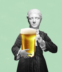 Time for beer. Contemporary art collage with antic statue holding beer glass with lager cold foamy beer. Concept of taste and holidays, drinks, oktoberfest. Surreal artwork