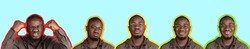 Angry, annoyed, calm, happy, excited. Set of man's emotions. Young african man's portraits with different emotions on his face. Concept of facial expressions, mood, ad. Flyer, magazine style