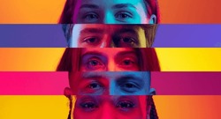 Diversity. Vertical composite image of close-up male and female eyes isolated on colored neon backgorund. Multicolored stripes. Concept of equality, unification of all nations, ages and interests