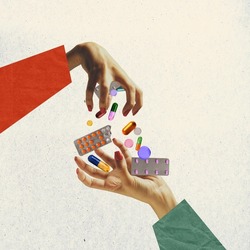Pastel background. The abstract hand, falling tablets, pills. Artwork or creative collage with art design. Concept of healthcare, covid-19, surrealism, support, medical help, bad habits, drug