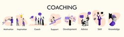 Creative conceptual design. Creative conceptual design. Icons of coaching concept. Division of components of success. Motivation, inspiration, coach, support, development, advice, skill and knowledge.