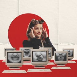 Creative design. Conceptual artwork. Young woman holding head in information overflow. Retro computer screen with human mouth. Concept of creativity, mass media influence, information, fake news.