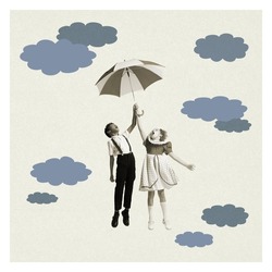Happy mood. Contemporary art collage with cute school age retro kids under drawn rain isolated on minimal background. Childhood, education, studying, back to school concept. Copy space for ad.