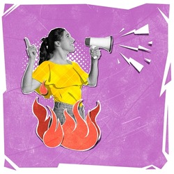 Contemporary art collage. Young girl shouting in megaphone expressing true information, fighting against fakes. Concept of mass media, freedom of speech, propaganda, news, information, creativity