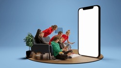 Astonished young people, emotional friends watching football match, sport show and betting. Youth sitting on sofa in front of huge 3D model of empty phone screen. Concept of sport, leisure activities