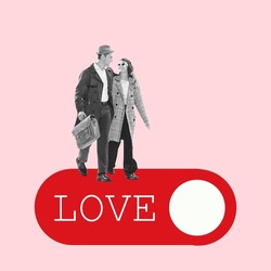 Contemporary art collage. Stylish lovely young couple walking together on a date. Happy man and woman. Concept of love, relationship, Valentine's day, romance, emotions. Poster, ad