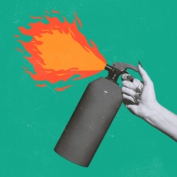 Contemporary art collage. Female hand opening fire extinguisher over burning flame on green background. Calming emotions down. Concept of surrealism, abstract art, feelings, imagination