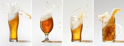 Collage. Mugs with fresh, cool foamy beer over grey background. Splashes and drops. Concept of alcohol, oktoberfest, drinks, holidays and festivals. Copy space for ad.