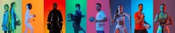 Collage made of different sportive people in uniform, doing diverse kind of sports, posing against multicolored background in neon light. Concept of sport, action and motion, competition, game