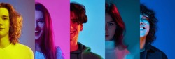 Collage made of five young people. Half-face images of smiling man and woman over multicolored background in neon light. Happiness. Concept of human emotions, facial expression, youth, lifestyle.