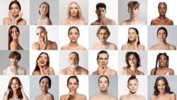 Collage made of beautiful people, men and women of different age and nationality over grey and white background. Concept of skincare, natural beauty, plastic surgery, cosmetology, cosmetics, ad