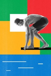 Young muscular man, professional swimmer preparing to swim into pool over multicolored background. Creative art collage. Concept of professional sport, competition and match, dynamics. Poster, ad
