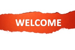 welcome is written on a red background which is located in the center of a white torn sheet in the form of a horizontal line