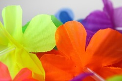 Background composed by the detail of a multicolored plastic flower necklace for a carnival costume