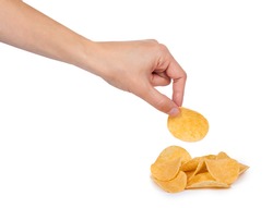 Potato chips in hand isolated on white background