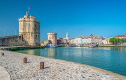La Rochelle, France a harbour with medieval castle towers at popular travel destination on Atlantic coast of Charente-Maritime