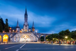 View of the main Church in Lourdes at sunset, France