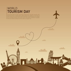 World tourism day flat vector illustration with world's famous landmarks and tourist destinations elements.