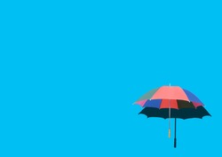 Top view, Single rainbow umbrella isolated on cyan background for stock photo or design, invesment, business, summer concept