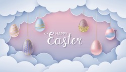 Happy Easter greeting card in paper cut style. Paper clouds and realistic Easter eggs on strings. Pink-blue template for background, banner, invitation. Vector illustration.