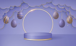 Happy Easter Day 3d scene with paper cut clouds, podium platform, Easter eggs garlands and confetti in trendy colors Very Peri. Vector illustration.