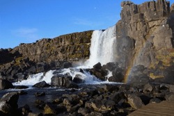 The Oxararfoss waterfalls in Iceland. Oxarafoss also called Oxararfoss is located in the Thingvellir National Park on the Oxara River.