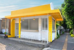 Cafe or food booth or restaurant or coffeshop or coffee shop exterior building, outdoor with blue sky