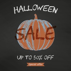 Halloween sale banner with abstract pumpkin on black chalkboard. Flyer, invitation template, vector illustration