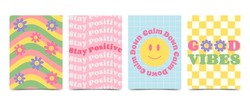 Retro groovy set vertical posters 70s-80s style. Daisy flowers with cartoon funny emoticons faces, hippie slogans. Calm down, stay positive, good vibes, vector cards with inspirational quote.