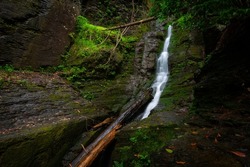 Silverthread narrow waterfall slow shutter speed in forest flowing down rocks with green moss horizontal