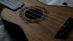 ukulele musical instrument with iguana engraving                           