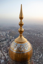Makkah Royal Clock Tower dome. Top view showing the city scape of Makkah, Saudi Arabia. 
