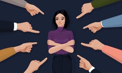 Depressed and sad young woman surrounded by hands with index fingers pointing at her. Concept of guilt, accusation, public censure and victim blaming. Flat cartoon colorful vector illustration.