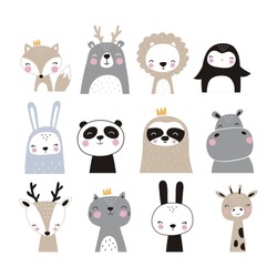Hand drawn vector illustration for posters, cards, t-shirts. Cute sloth, hippo, fox, penguin, deer, tiger, bunny, panda, giraffe, bear