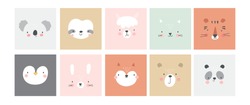 Cute simple animal portraits - hare, tiger, bear, sloth, cat, koala, fox, alpaca, panda, penguin. Great for designing baby clothes.