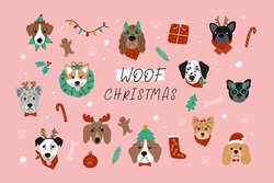 Cute cartoon Christmas dogs - vector prin in flat style. Holidays pet in Christmas hat. 